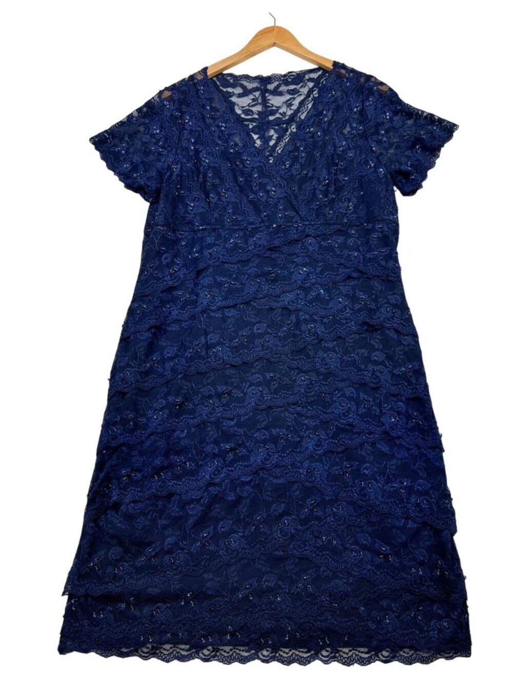 Marina Womens Layered Lace Embellished A-Line Formal Party Dress XL Navy Blue